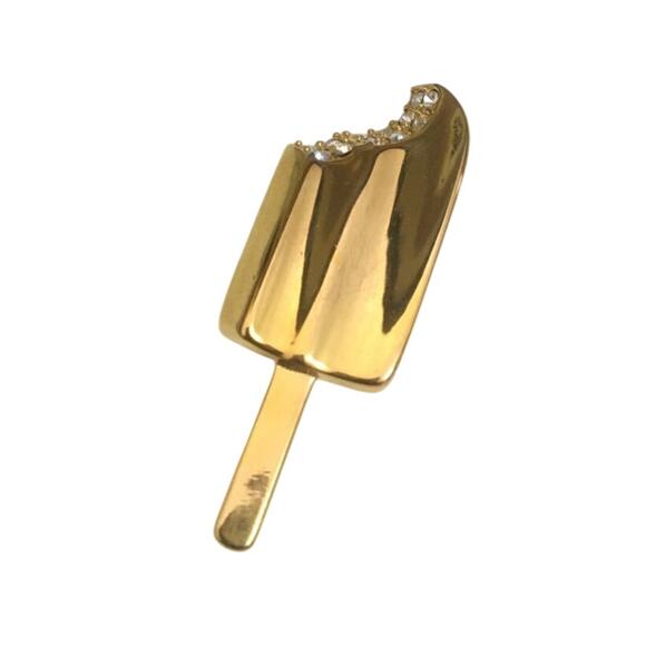 Krementz Signed Gold Tone Rhinestone "Just One Bite Off The Popsicle" Brooch Pin - Picture 1 of 9